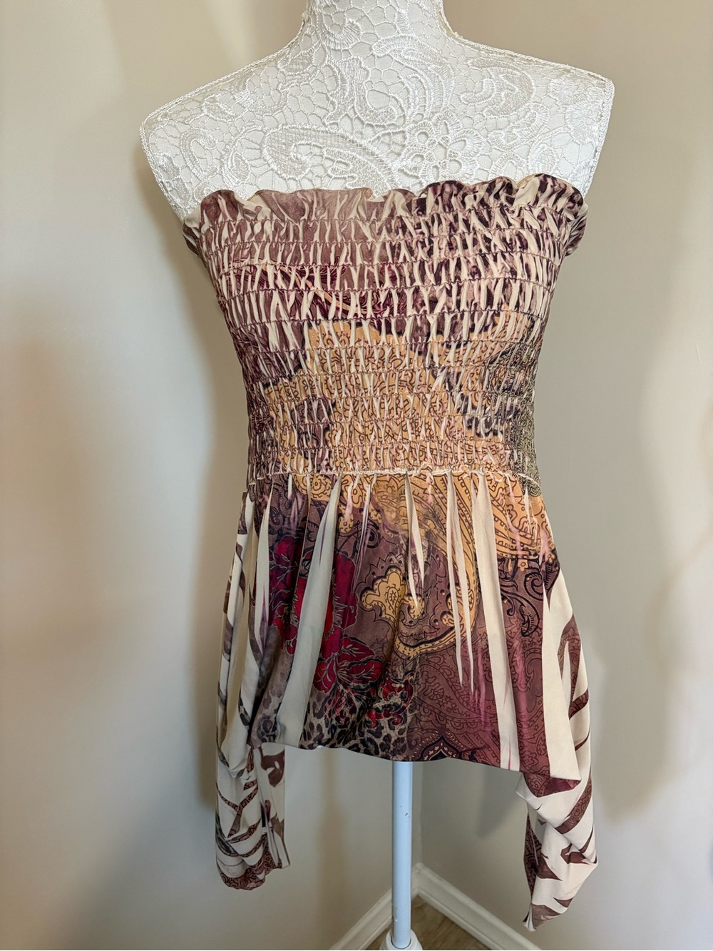 Vintage Y2K XL Paisley Smocked Tube Top Waterfall Draped Hem